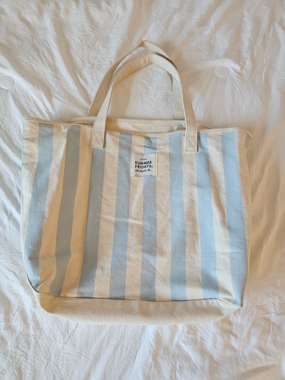 Summer Fridays Cream and Light Blue Striped Canvas Tote Bag